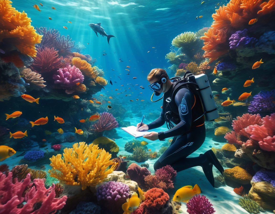 A vivid underwater scene with a diver exploring a vibrant coral reef, surrounded by colorful fish and aquatic plants, symbolizing the journey into the blogosphere. The diver holds a notepad and a pencil, capturing insights. Sunlight filters through the water's surface, creating a magical atmosphere. super-realistic. vibrant colors. 3D.
