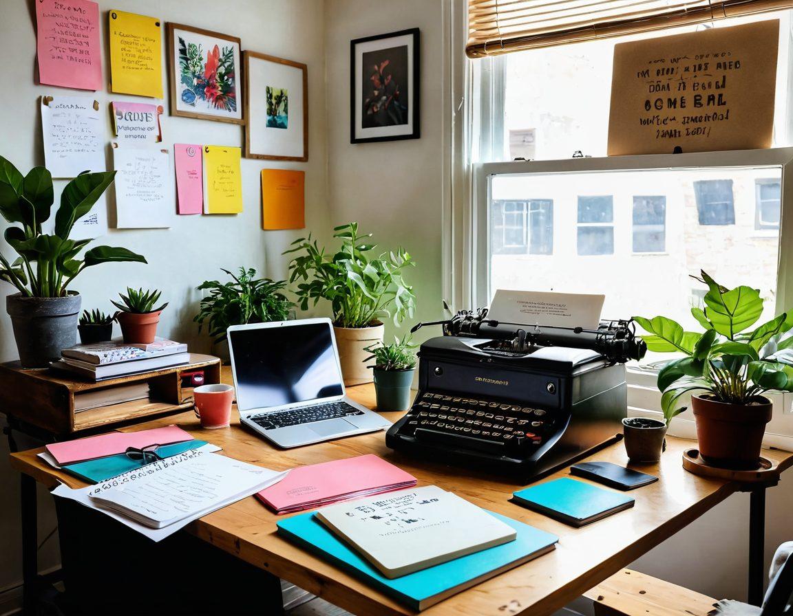 A vibrant workspace that embodies the essence of content creation, featuring a wooden desk scattered with colorful notebooks, a vintage typewriter, and a glowing laptop. In the background, a wall filled with creative art and inspirational quotes, showcasing diversity in voices. The scene is illuminated by warm, natural light from a nearby window with plants elegantly placed around the room. The overall atmosphere conveys creativity, inspiration, and individuality. vibrant colors. super-realistic.