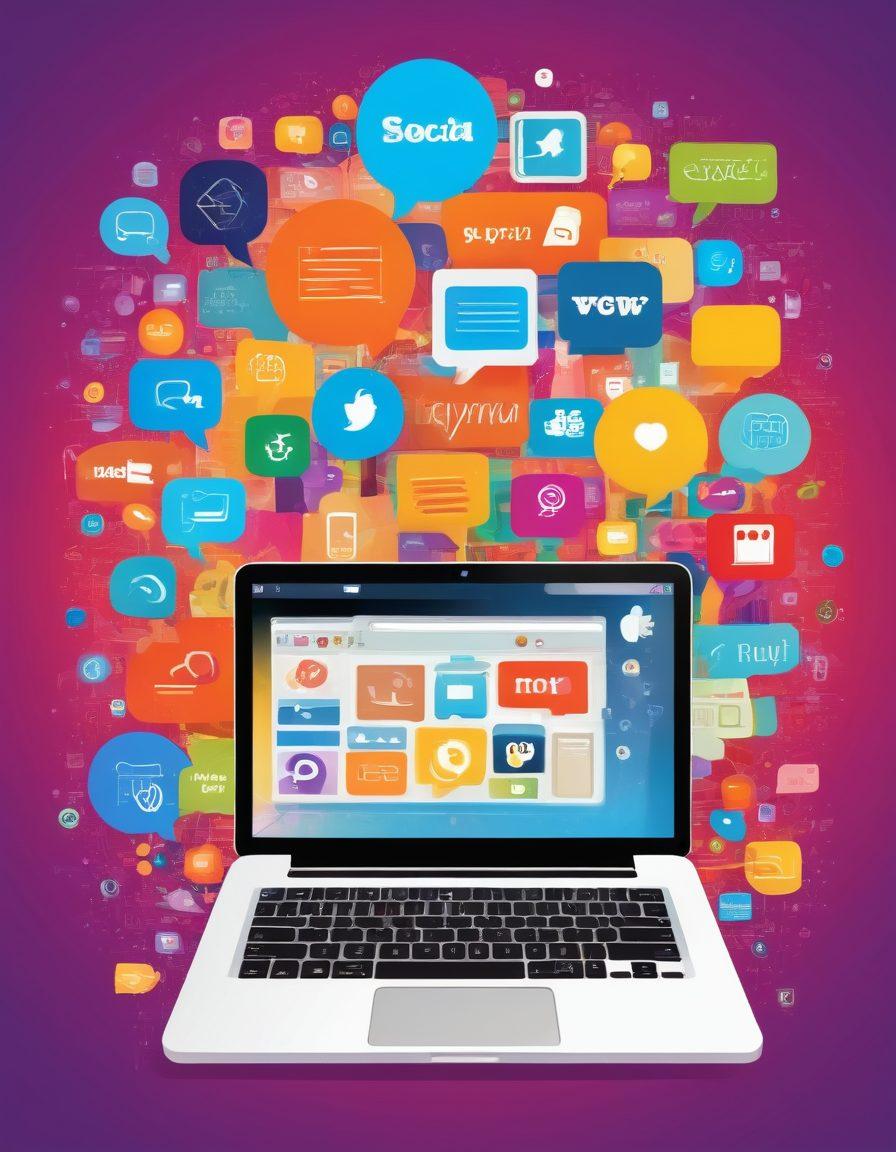 A colorful collage of various blog elements, including a laptop with an open blogging interface, vibrant speech bubbles full of engaging content ideas, a diverse group of aspiring bloggers discussing enthusiastically, and visual representations of social media icons around them. The background should be bright and lively, symbolizing creativity and community. playful and colorful. vector art.